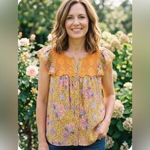 Nanette Lepore Women's Floral Ruffle Blouse - Yellow & Pink - Size L